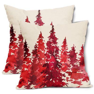 aportt Watercolor Red Tree Pillow Covers 16X16 Inch Set of 2 Nature Themed Christmas Decorative Pillow Cases Rustic Forest Cotton Linen Pillowcase Home Decor for Living Room Couch Sofa Porch Outdoor
