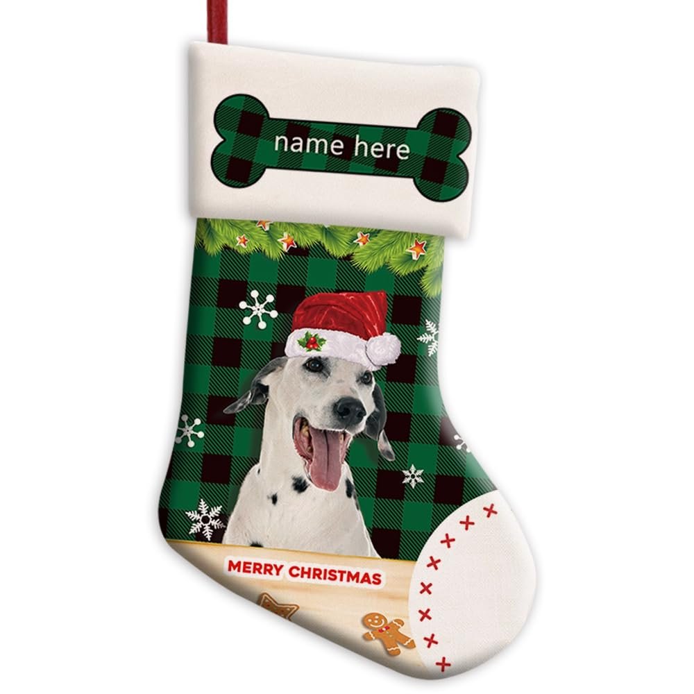 MALIHONG Personalized 1 Pack Merry Christmas Stocking Dalmatian Dog with Santa Hat Green Buffalo Plaid Check Snowflake Christmas Stocking Gift for Dog Xmas Holiday Festival Decor 14.4"