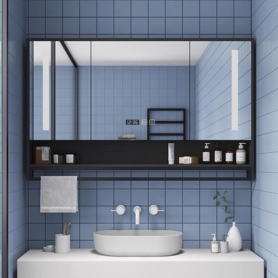 UkewEi Anti-Fog Makeup Mirror Cabinet 40in, LED Smart Medicine Cabinet with Touch Switch, Clock/Temper Display, Wall Mounted Bathroom Cabinet with Storage, Towel bar ( Color : White , Size : 80*75*12c