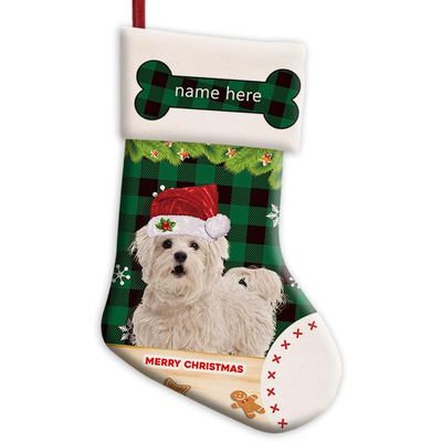 MALIHONG Personalized 1 Pack Merry Christmas Stocking Cute Maltese Poodle Dog with Santa Hat Green Buffalo Plaid Check Snowflake Christmas Stocking Gift for Dog Xmas Holiday Festival Decor 14.4"