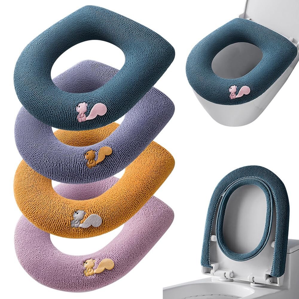 4 Pack Toilet Seat Covers for Bathroom, Bathroom Soft Thicker Warmer Stretchable Washable Cloth Toilet Seat Cover Pads, Easy Installation