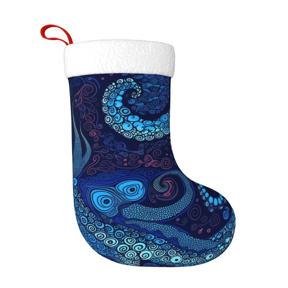 AdaNti Blue Octopus Print Christmas Stockings with Plush Cuff Soft Xmas Hanging Stockings Xmas Decoration for New Year Xmas Party 1 Pack 17.7 Inch