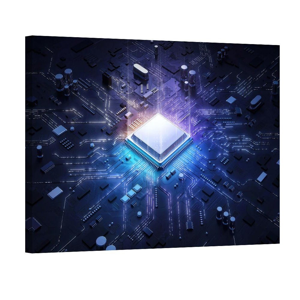 1 Panel Wall Decor CPU Concept Canvas Wall Art Technology Digital Wall Art Modern Artwork for Office Electronic PC Picture Print on Canvas Framed Ready to Hang for Living Home Decor 24X36 INCH