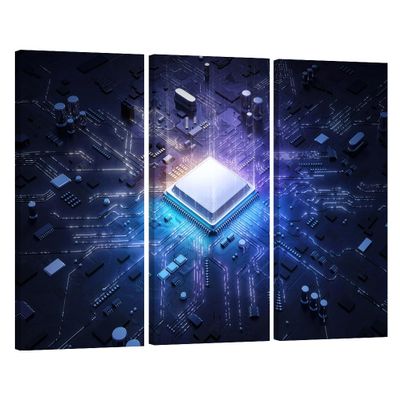 3 Panel Canvas Wall Art Computer Chip Wall Art for Living Room CPU Concept Wall Decorations Electronic PC Abstract Home Decor Modern Artwork for Home Walls Giclee Framed Ready to Hang 20X40X3 INCH