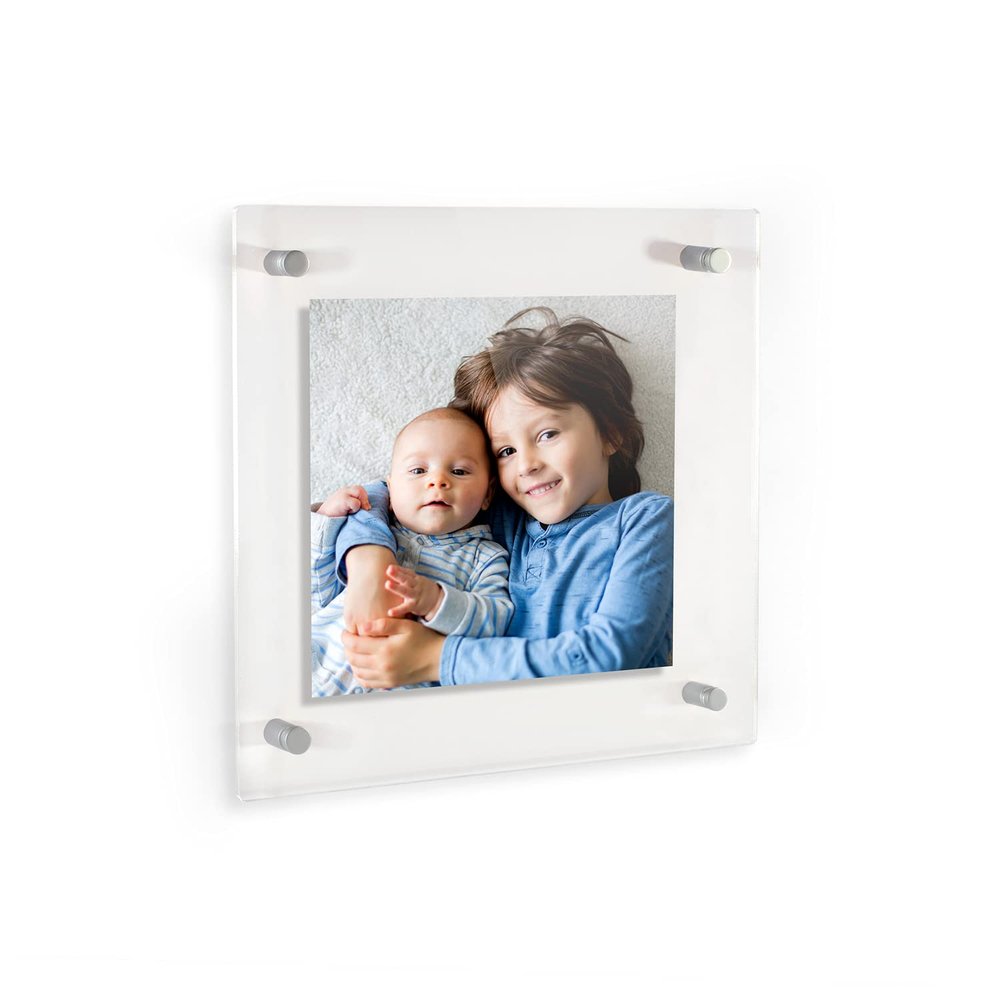 13 x 13 Contemporary Acrylic Floating Frame: Elevate Your Art and Photos in Style - Featuring 13x19mm Brushed Satin Acrylic Standoff for Wall Mounting.