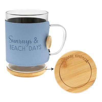 Pavilion Gift Company - "Sunrays & Beach Days 16 oz Glass Coffee Cup Mug With Unique Blue Wrap & Bamboo Coaster Cap 3 Piece Present Gift