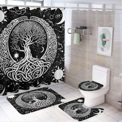FBMLBRB Rustic Tree of Life 4 Pcs Waterproof Shower Curtain Set,Vintage Ancient Galaxy Constellation Sun Moon Symbol with Waterproof Toilet Cover Shower Mat Rugs