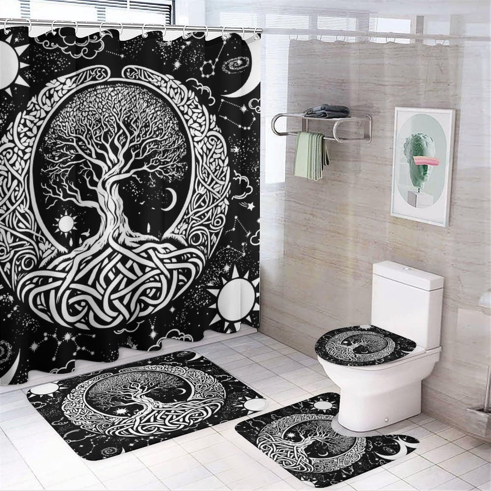 FBMLBRB Rustic Tree of Life 4 Pcs Waterproof Shower Curtain Set,Vintage Ancient Galaxy Constellation Sun Moon Symbol with Waterproof Toilet Cover Shower Mat Rugs