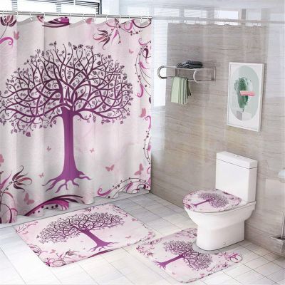 FBMLBRB Pink Art Tree of Life 4 Pcs Waterproof Shower Curtain Set,Vintage Rustic Minimalist Boho Tree of Life Flower Butterflies with Waterproof Toilet Cover Shower Mat Rugs
