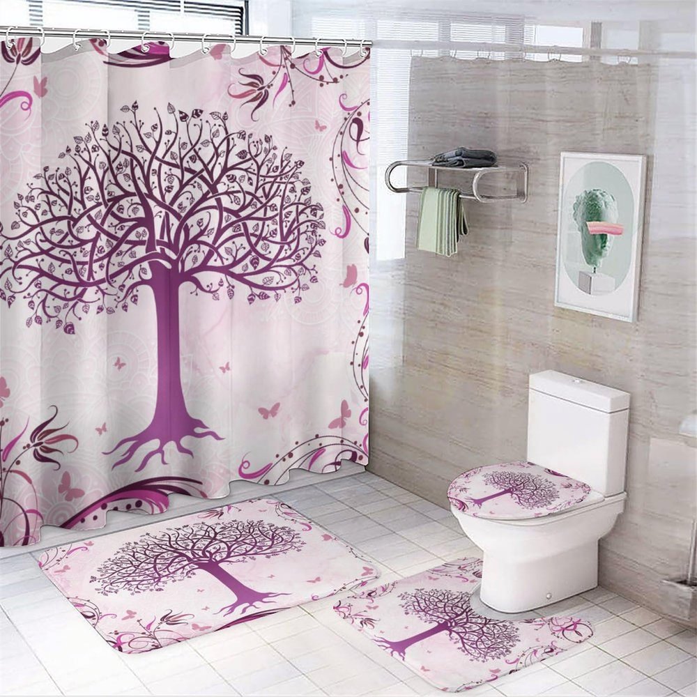 FBMLBRB Pink Art Tree of Life 4 Pcs Waterproof Shower Curtain Set,Vintage Rustic Minimalist Boho Tree of Life Flower Butterflies with Waterproof Toilet Cover Shower Mat Rugs