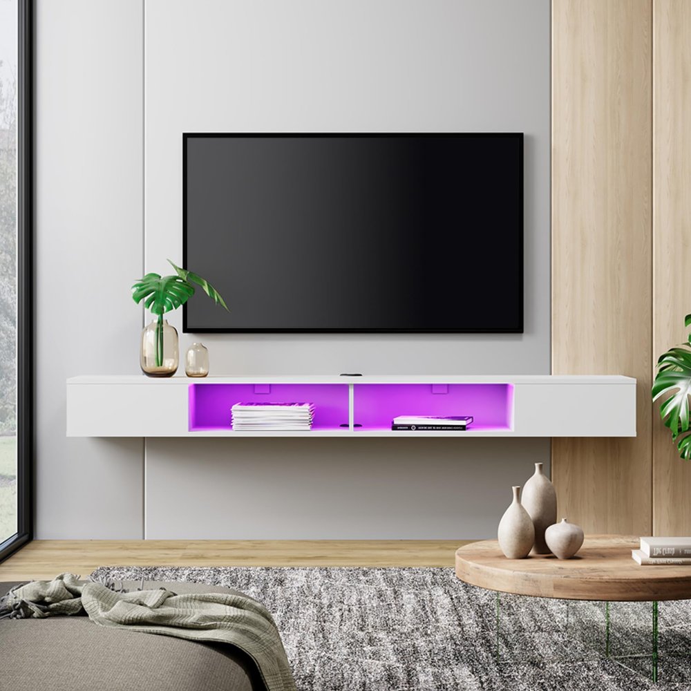 WAMPAT 70 Inch Floating TV Shelf with 16-Color LED Light, White Floating TV Stand Under TV Media Console for Living Room