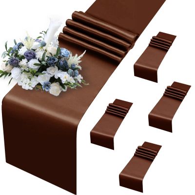 MILVOWOC 5 Pack Chocolate Brown Satin Table Runners, 12 x 108 Inch Bright Satin Silk Table Runner Smooth Fabric Decorative Table Runner for Wedding Banquet Party Birthday Graduation