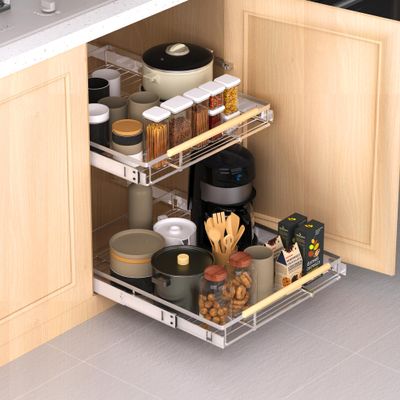 KIKIBRO Expandable Pull Out Drawer Cabinet Organizer, Adjustable Width Bottom-Mounted Slide Out Storage Shelves for Cabinets, Required Cabinet Size (14.16"~24.36", D17.3"), 1 Pack, Stainless Steel