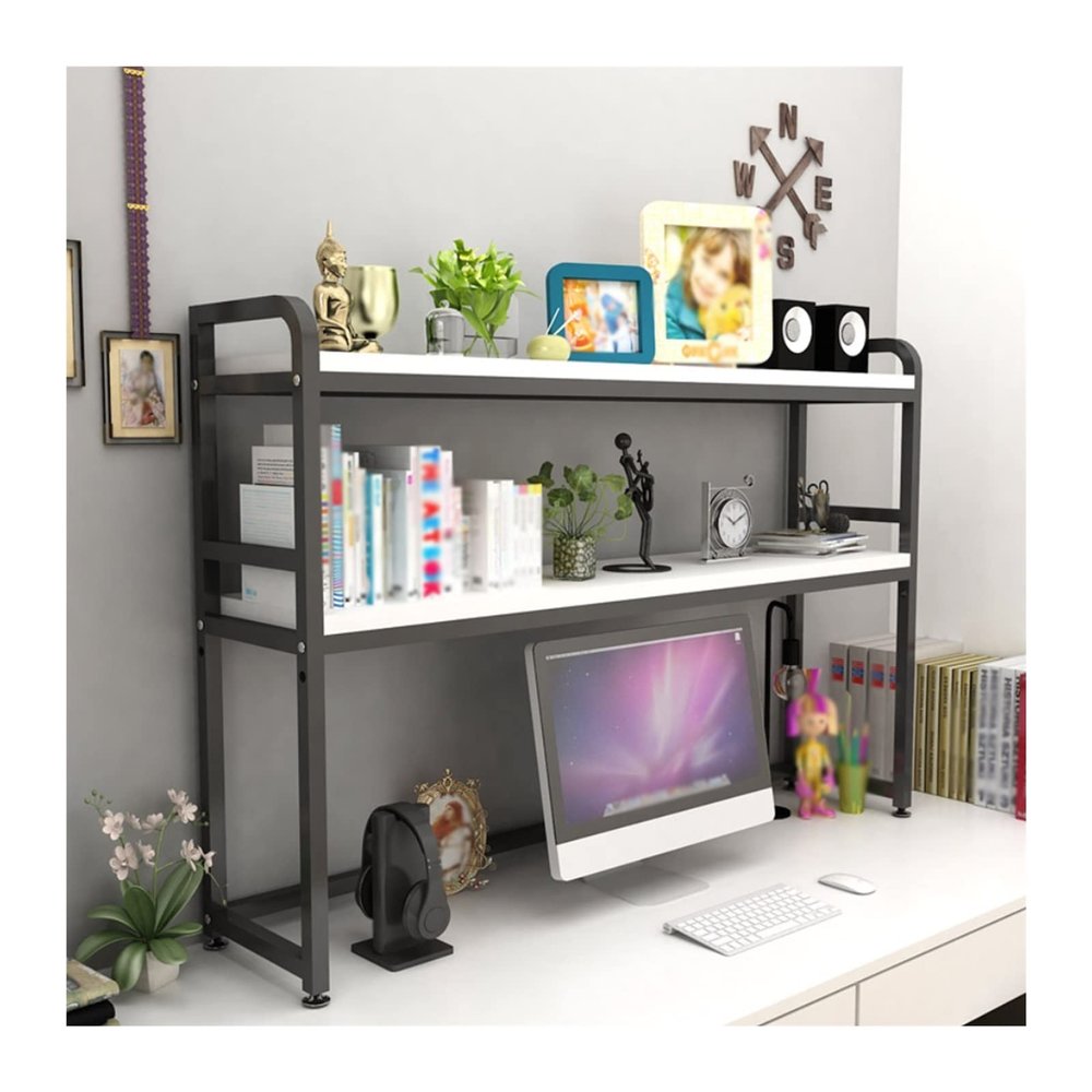 Shelf Bookcase 2 Tier Bookshelf, White Wood and Metal Bookcase and Bookshelves, Desktop Bookshelf for Bedroom, Large Size Storage Shelf for Living Room, Office and Kitchen Bookcase Storage Shelves