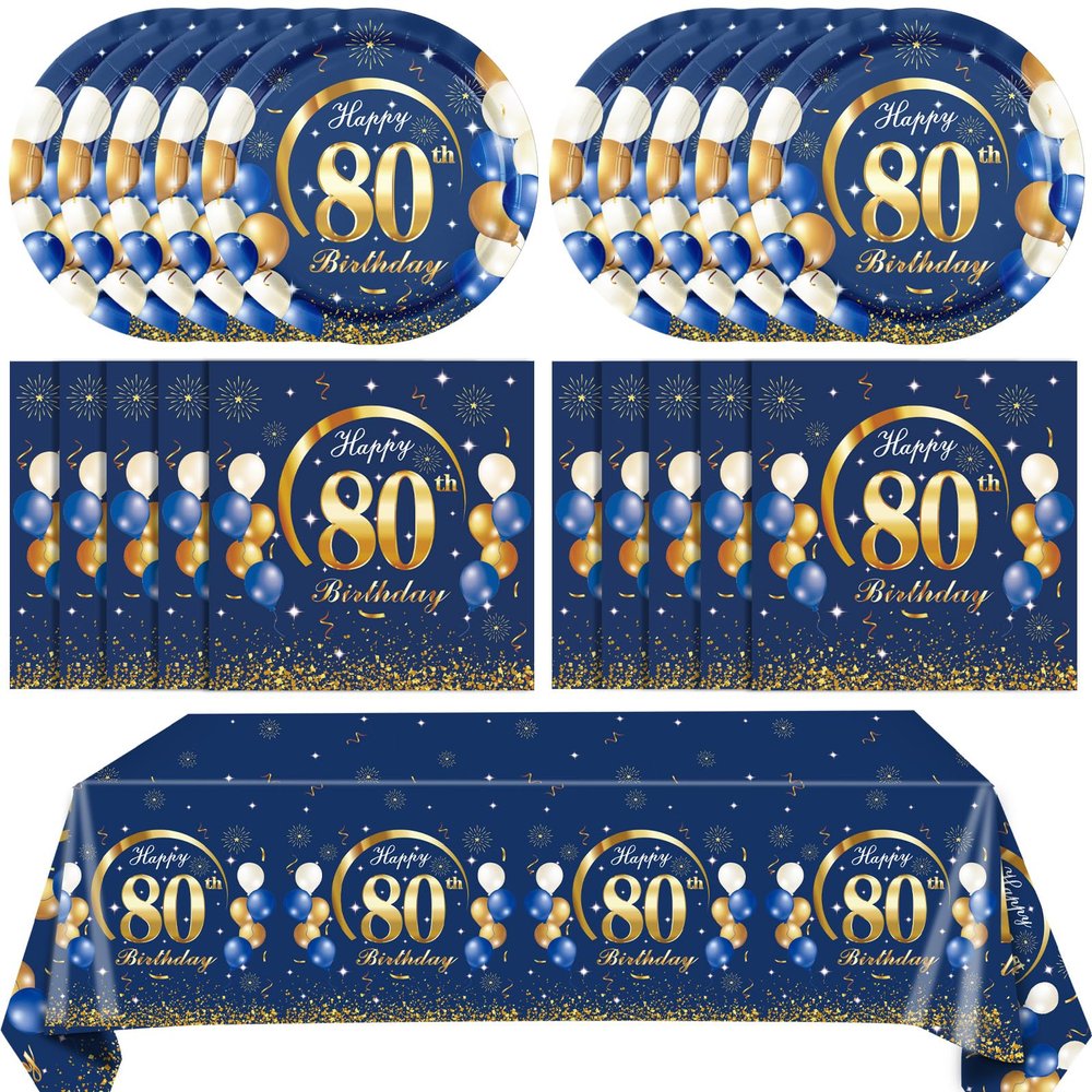 41PCS 80th birthday decorations Navy Blue and Gold 80th Birthday Party Favor Disposable Tableware Including Plates Napkins Tablecloth For Man Serves 20