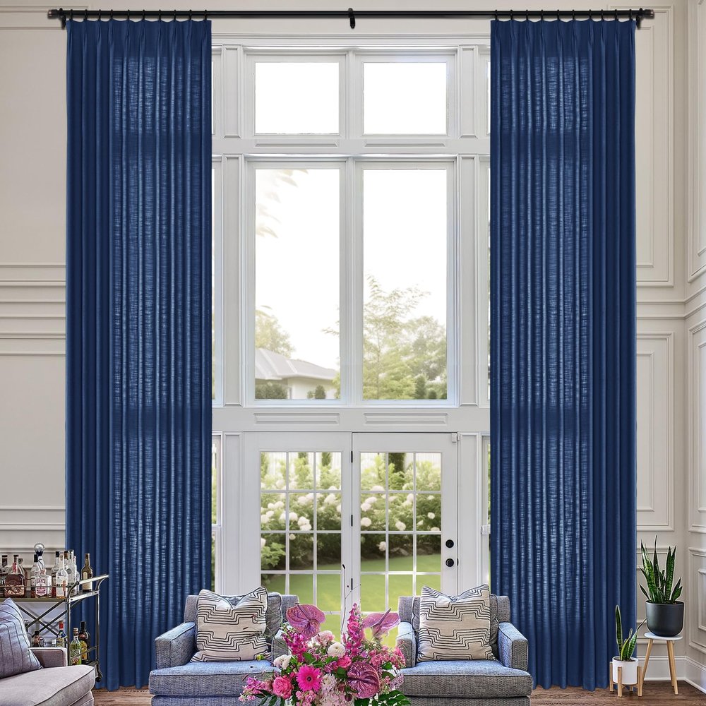 Fcosie Navy Blue Extra Long Natural Linen Curtains 120 Inches Long Pinch Pleated Curtains Room Darkening Curtains Tall Drapery High Ceiling Curtains for Living Room Bedroom, 50" W x 120" L, 2 Panels