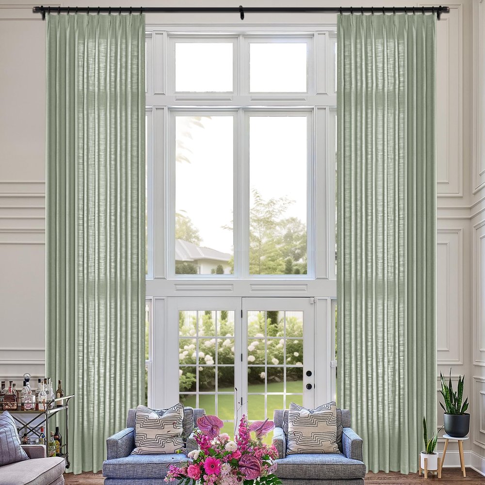 Fcosie Pale Blue Extra Long Natural Linen Curtains 120 Inches Long Pinch Pleated Curtains Room Darkening Curtains Tall Drapery High Ceiling Curtains for Living Room Bedroom, 50" W x 120" L, 2 Panels