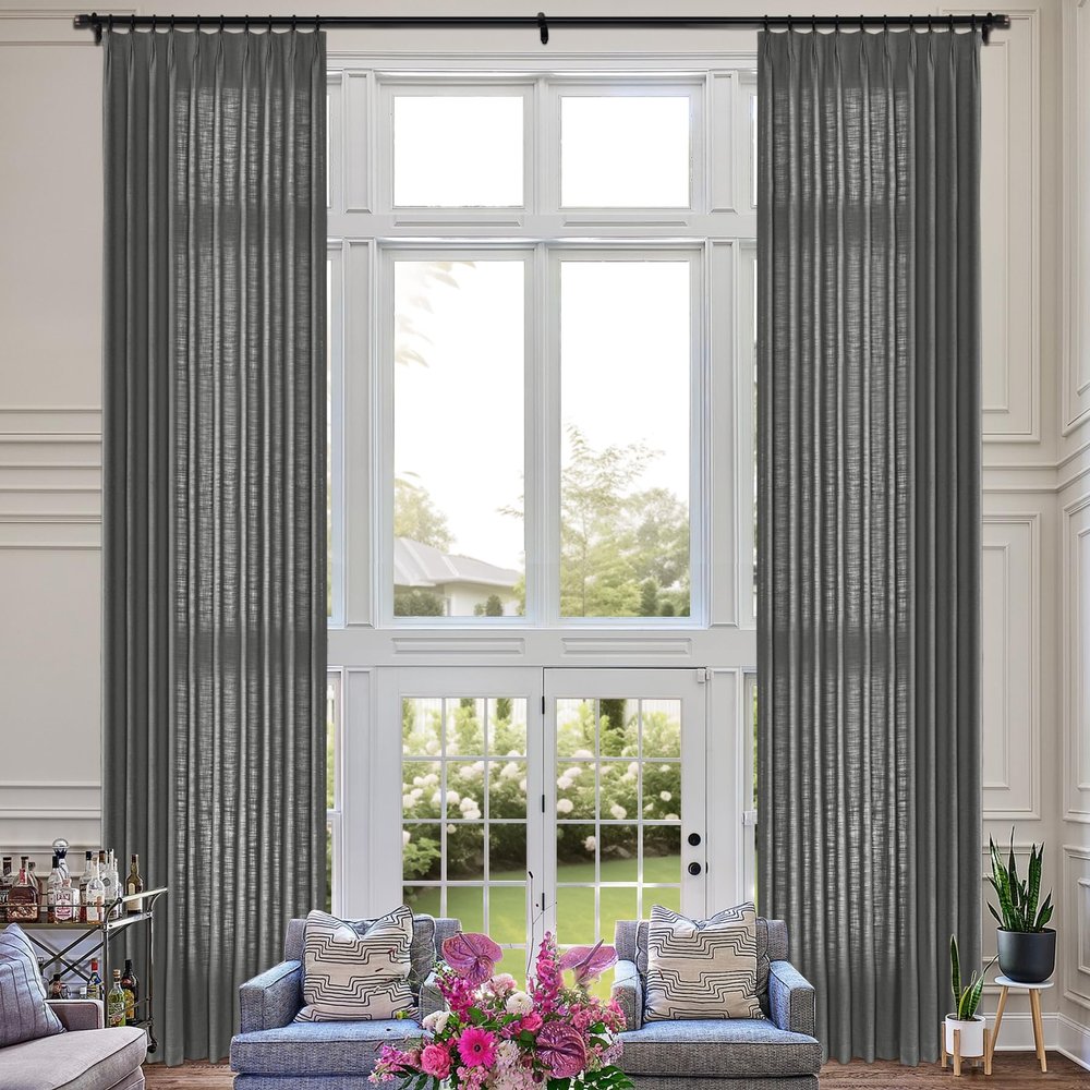 Fcosie Dark Grey Extra Long Natural Linen Curtains 120 Inches Long Pinch Pleated Curtains Room Darkening Curtains Tall Drapery High Ceiling Curtains for Living Room Bedroom, 50" W x 120" L, 2 Panels