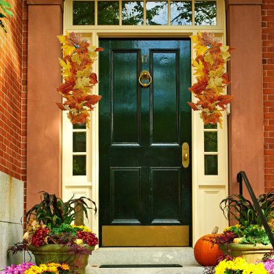 BFYDOAA 2pcsArtificial Maple Leaves Swags Hanging Fall Leaves Vine with Berries for Autumn Outdoor Indoor,Thanksgiving Harvest Party Decor (Yellow)