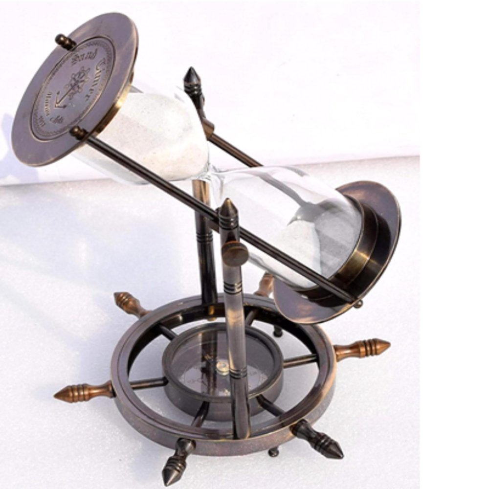 8 Inches Antique Brass Ship Wheel 5 Minutes Brass Sand Timer & Hourglass for Office & Home Decor with Intricate Detailing