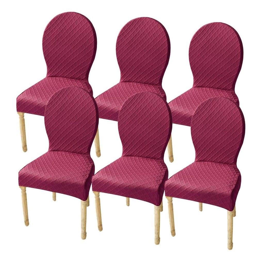 Jacquard Round Backed Chair Covers 1/2/4/6 PCS Modern Dining Room Elastic Seat Chair Slipcovers Reusable Without Arms Solid Wood Legs Oval Side Chairs Protector Case ( Color : Wine red , Size : 6pcs )