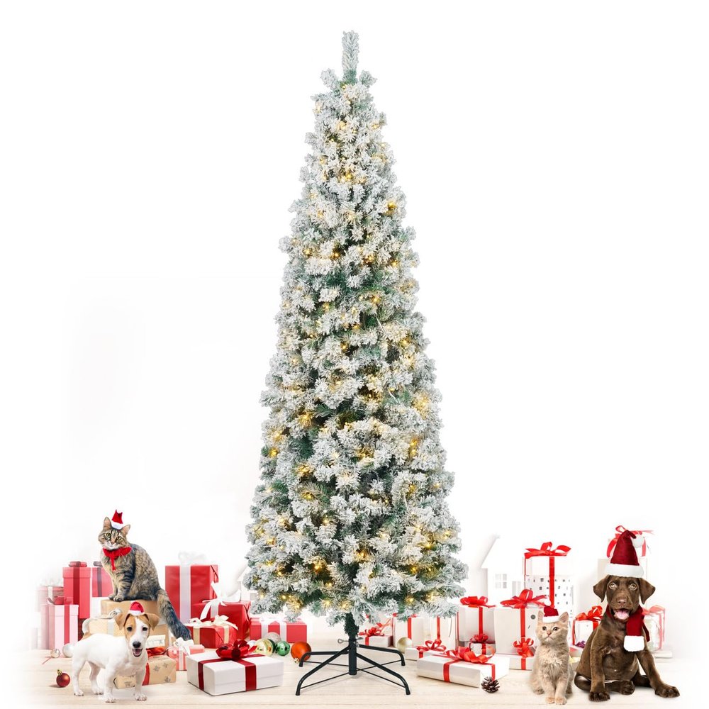 Fencer Wire 7.5 Feet Pre-lit Artificial Snow Flocked Christmas Pencil Tree w/ 980 Pre-Hinged Branch Tips & Foldable Stand, Fake Slim Christmas Tree for Indoor, Pencil Christmas Tree w/ 350 LED Lights