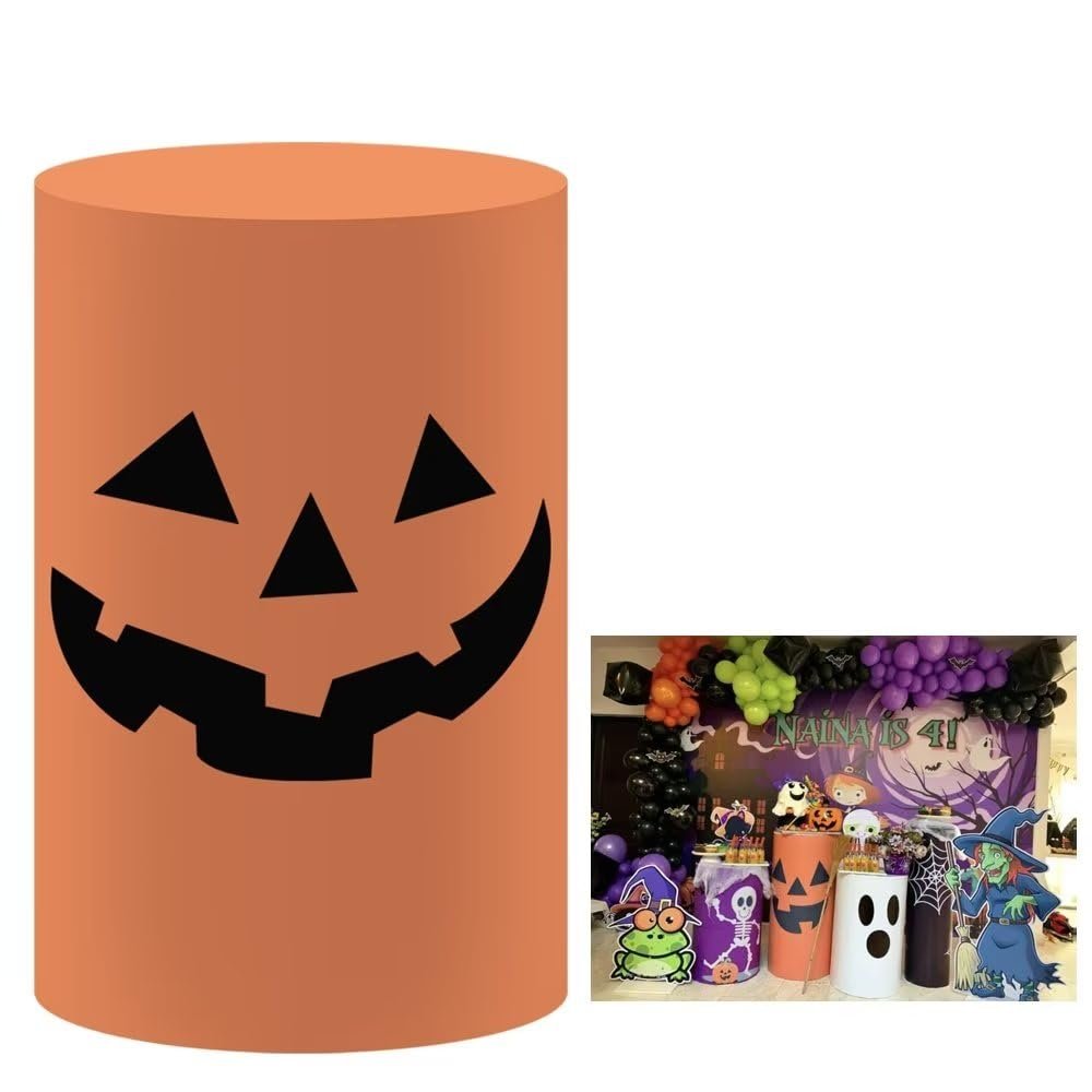 Aerdce Horror Pumpkin Smiley Cylinder Pedestal Table Covers for Halloween Party Plinth Cover Baby Shower Birthday Decoration Banner Studio Photo Props