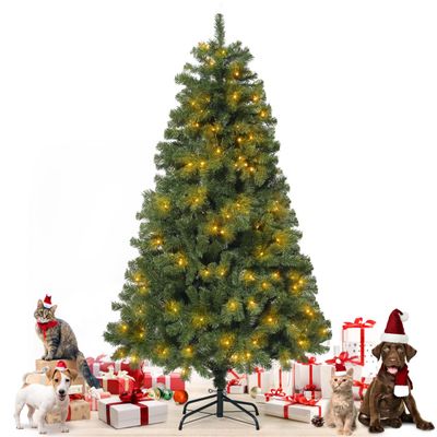 Fencer Wire 6 Feet Premium Full Artificial Pre-lit Christmas Tree w/ 250 Branch Tips Pre-Hinged & Foldable Stand, Holiday Fake Xmas Tree w/ 800 LED Lights for Indoor, Office, Party Decoration