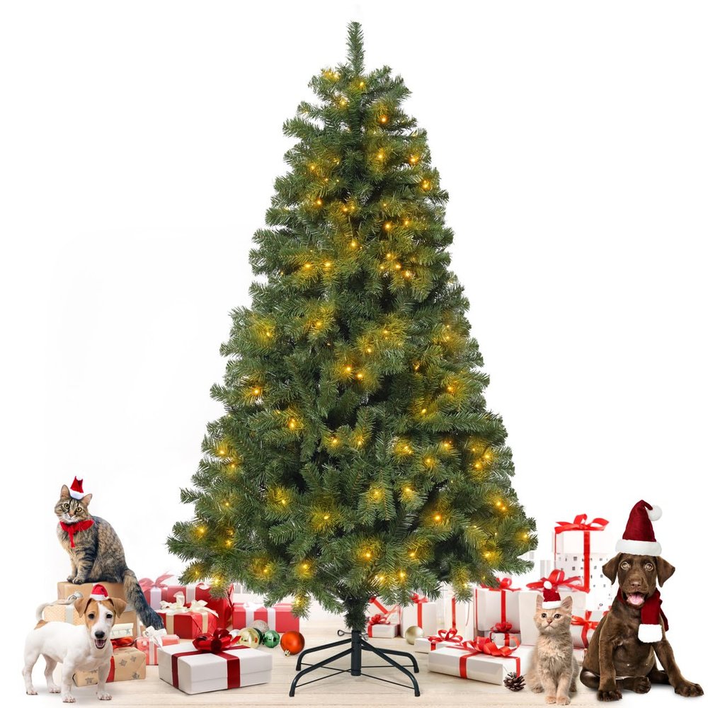 Fencer Wire 6 Feet Premium Full Artificial Pre-lit Christmas Tree w/ 250 Branch Tips Pre-Hinged & Foldable Stand, Holiday Fake Xmas Tree w/ 800 LED Lights for Indoor, Office, Party Decoration