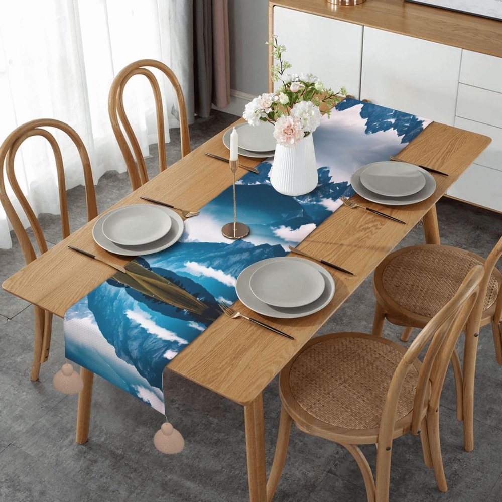 Landscape with Mountains Enchanting Linen Holiday Table Runner - Perfect for Elevating Your Dining Aesthetics