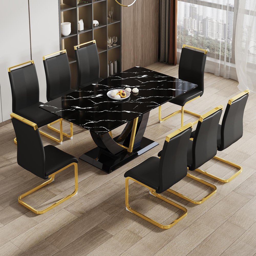 NYEESS 71" Dining Table Set for 8, Black Faux Marble Dining Room Table Set for 8, Large Rectangular Kitchen Table Set and PU Leather Chairs,Tempered Glass Glossy Table with Golden Leg