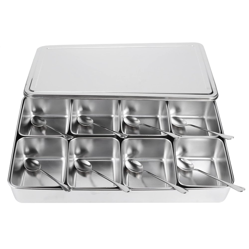 Xcello 8 Grids Seasoning Box,Kitchen Spice Pots,Aluminium Alloy Material with Spoons Premium Quality for Your Kitchen