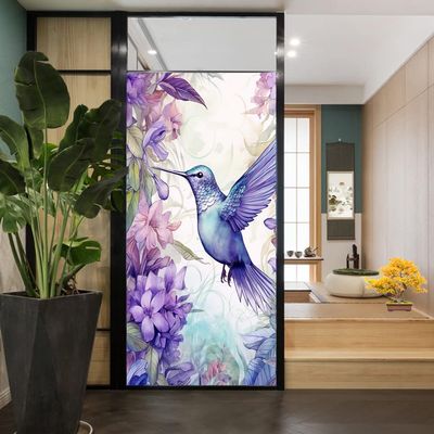 Cute Hummingbird Window Privacy Film Modern Flower Watercolor Bird Animal Stained Glass Window Film Decorative Window Cling for Home Window&Glass Door, Sun Blocking 23.6Wx35.4L