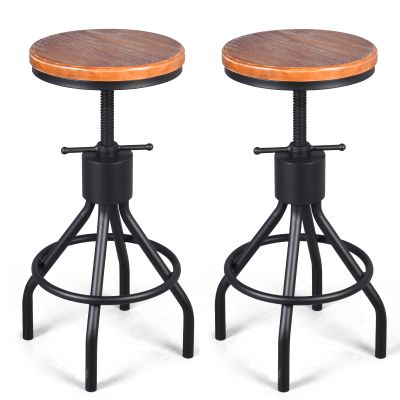FUBIRUO Set of 2 Industrial Bar Stool-Vintage Adjustable Round Wood Metal Swivel Bar Stool-Cast Iron-23-30 Inch Tall Counter Bar Height Farmhouse Kitchen Stools(Black)