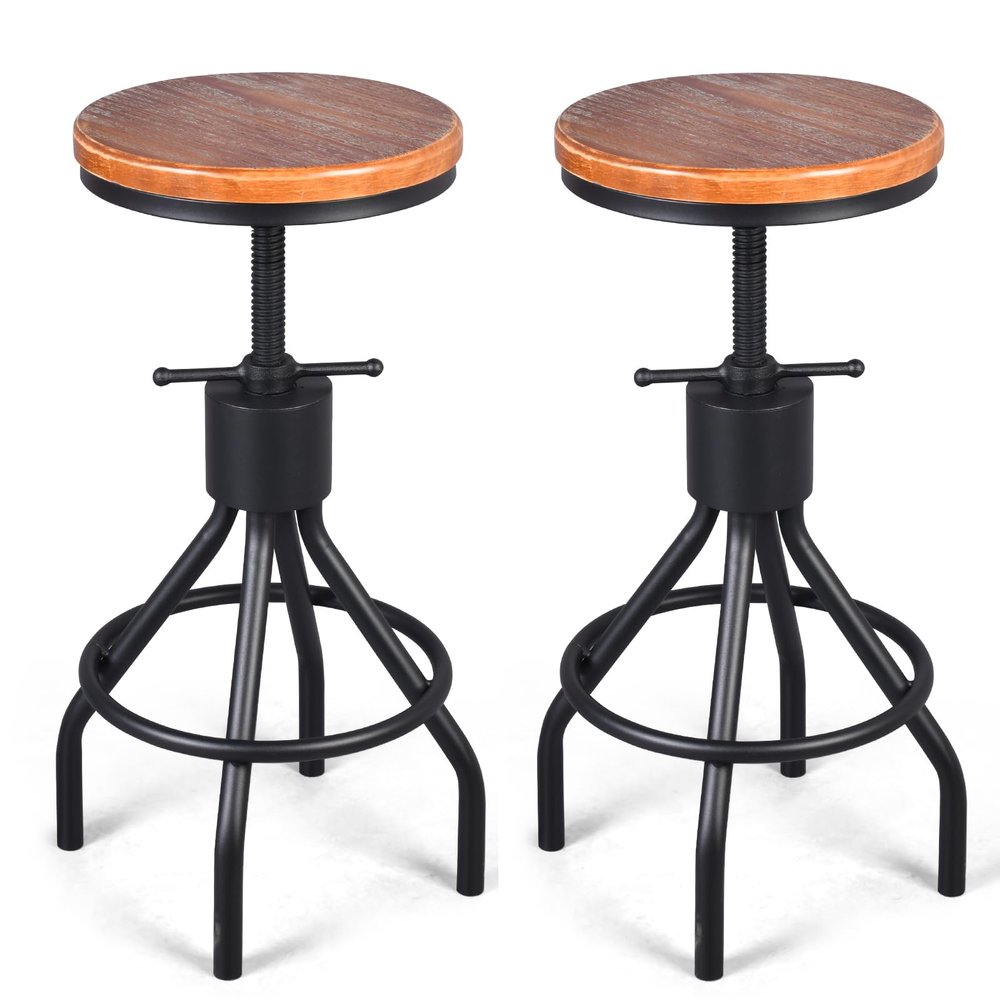 FUBIRUO Set of 2 Industrial Bar Stool-Vintage Adjustable Round Wood Metal Swivel Bar Stool-Cast Iron-23-30 Inch Tall Counter Bar Height Farmhouse Kitchen Stools(Black)