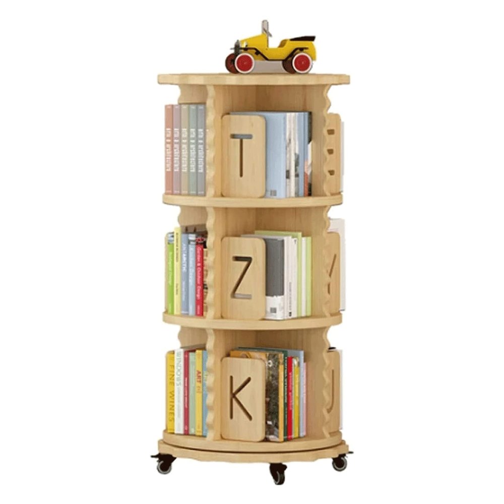 Rieort Fashion Bookshelf Solid Wood Bookshelf Double-Layer Chassis Design Bookcase Sturdy 360 Rotating Rack Bookcase with Letter Bezel Bookshelves not Shaking