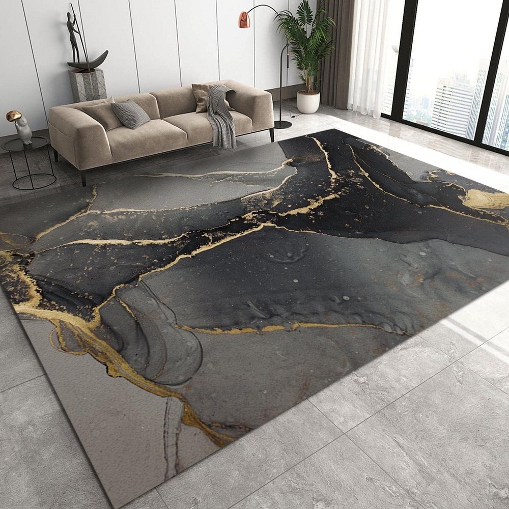 Black Gray Gold Marble Area Rugs, Ink Painting Golden Marble Easy Clean Rug, Soft Non-Skid Carpet Throw Rug for Kids Teen Girls Boys Bedroom Living Room Bathroom Classroom Office 6ftx9ft