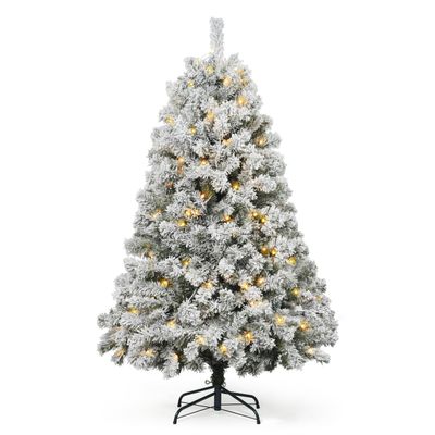 CAPHAUS 4.5 Ft Pre-Lit Snow Flocked Artificial Christmas Tree with 200 LED Lights & 398 Tips, Pre-Hinged Foldable Stand, Fake Xmas Tree for Home, Indoor, Holiday Decor