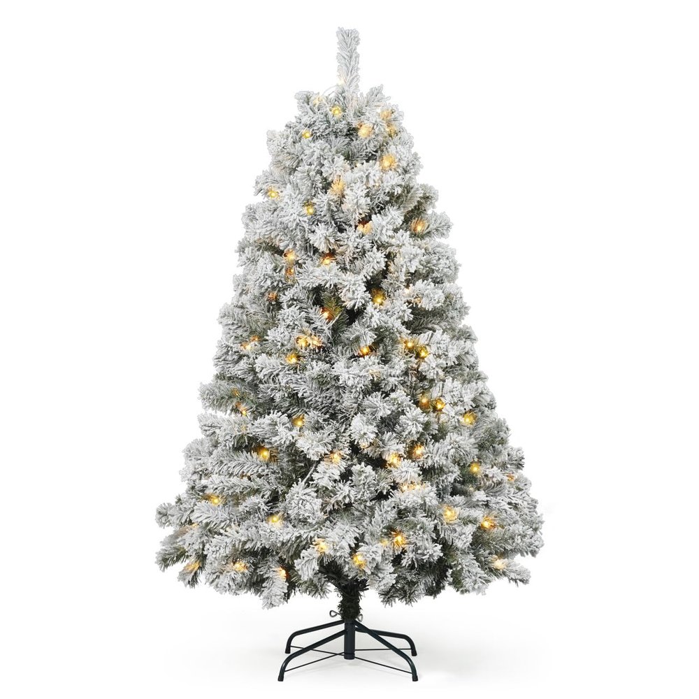 CAPHAUS 4.5 Ft Pre-Lit Snow Flocked Artificial Christmas Tree with 200 LED Lights & 398 Tips, Pre-Hinged Foldable Stand, Fake Xmas Tree for Home, Indoor, Holiday Decor