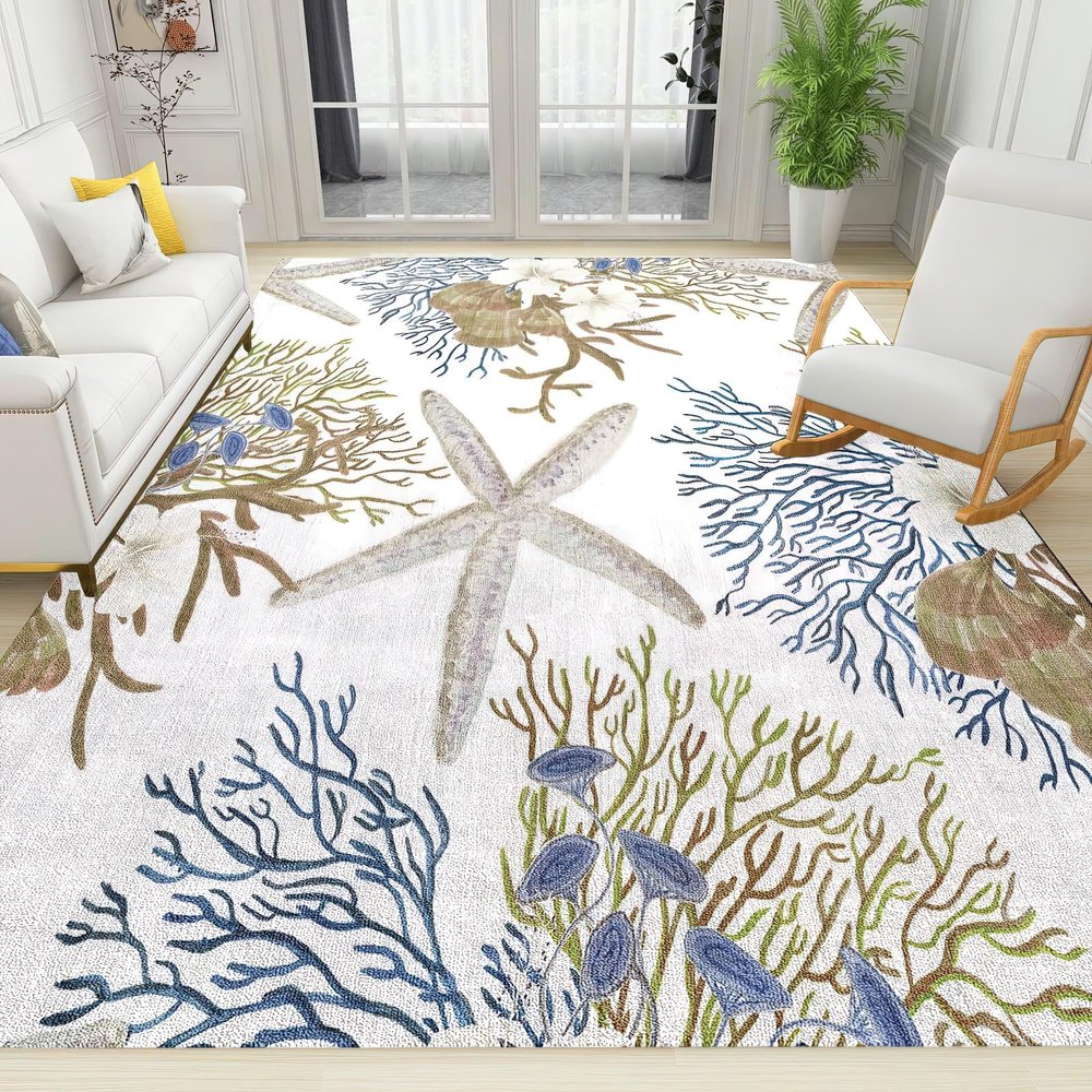 Coastal Nautical Beach Ocean Themed Area Rugs, Starfish Coral Seashell Easy Clean Rug, Soft Non-Skid Carpet Throw Rug for Kids Teen Girls Boys Bedroom Living Room Bathroom Classroom Office 4ftx6ft