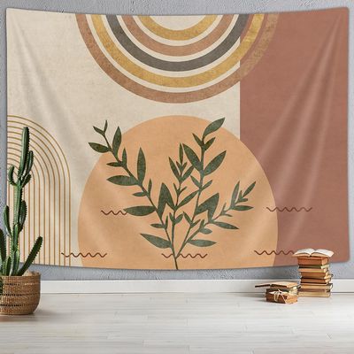 Xguatan Mid Century Modern Abstract Art Wall Hanging Tapestry, Minimalist Sage Plant Sun Retro Boho Tapestry, Yellow White Brown Geometric Pattern Neutral Bedroom Tapestry Panels 70 X 60 IN