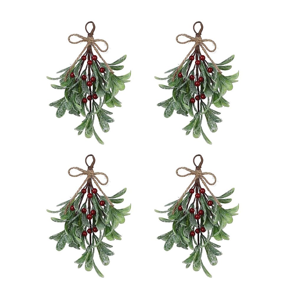 Algado 4Pcs Artificial Mistletoe Picks, 9.1inch Christmas Decoration With Red Berries, Floral Stems, Hanging Ornament for Home Wedding Decor