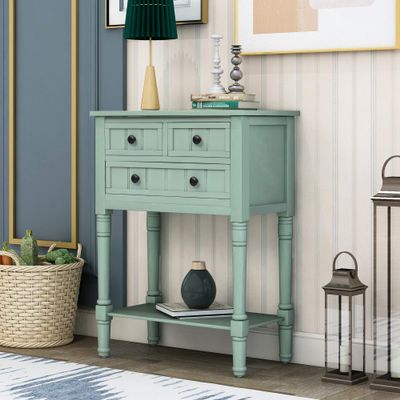 Flieks Hall Table Narrow Console Table, Slim Sofa Table with Three Storage Drawers and Bottom Shelf for Living Room, Easy Assembly (Retro Blue)