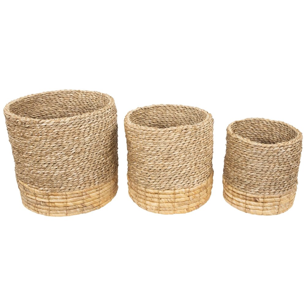 Set of 3 Textured Woven Round Seagrass Baskets 13.75"