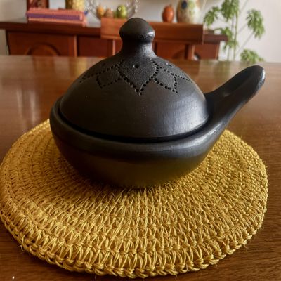 Original Chamba Saute Pan Casserole Black Clay Engraved with Cover Diameter 9" Aprox 100% Handmade Made in Colombia Gift for Her
