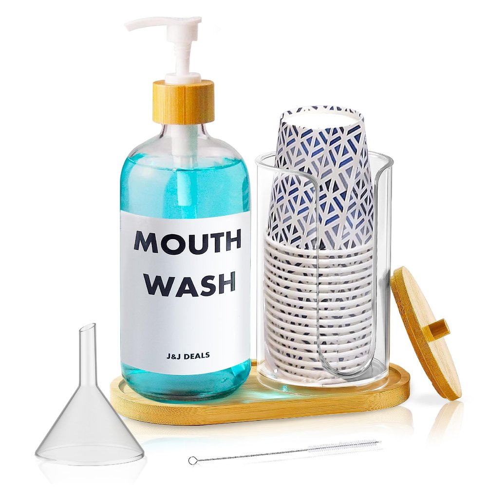 J&J Deals Mouthwash Pump Dispenser with Bamboo Bathroom Tray and Cup Holder for Bathroom Organization and Aesthetic, 16oz Refillable Mouthwash Container with Bathroom Cup Dispenser, Mouthwash Dispense