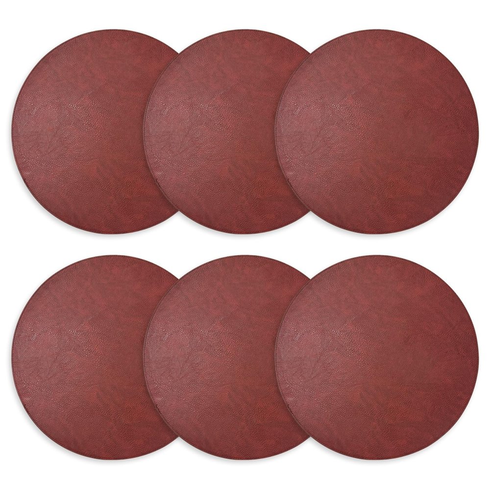 Homewear Placemats Set of 6 Round 15 Faux Leather Table Mats for Dining, Heat Resistant & Non-Slip Washable Indoor, Outdoor, Dining Table Set for 6, Modern Kitchen & Holiday Use, Burgundy