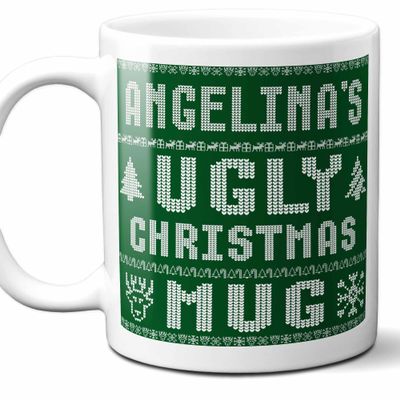 Angelina Name Christmas Gift. Personalized Ugly Christmas Sweater Coffee Mug. Funny Custom Xmas Gift, Stocking Stuffer For Friends, Coworkers And Person Who Has Everything. 11 Ounces.