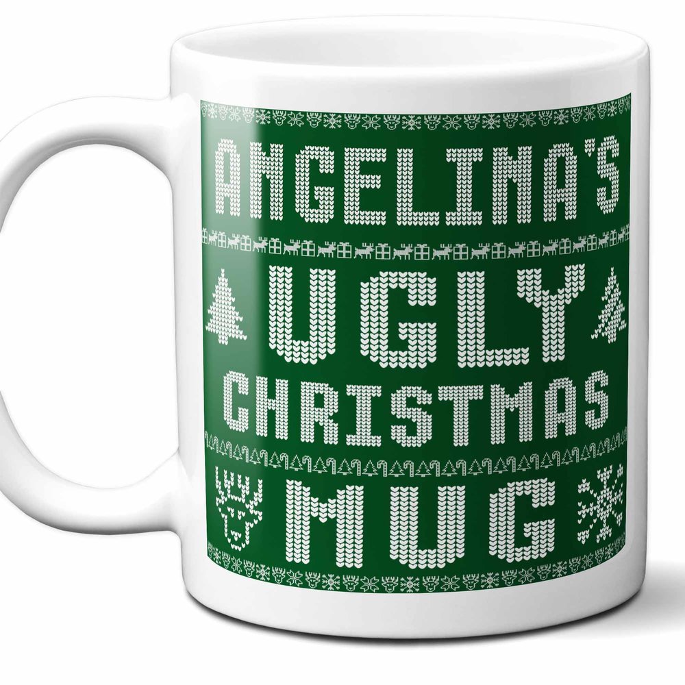 Angelina Name Christmas Gift. Personalized Ugly Christmas Sweater Coffee Mug. Funny Custom Xmas Gift, Stocking Stuffer For Friends, Coworkers And Person Who Has Everything. 11 Ounces.