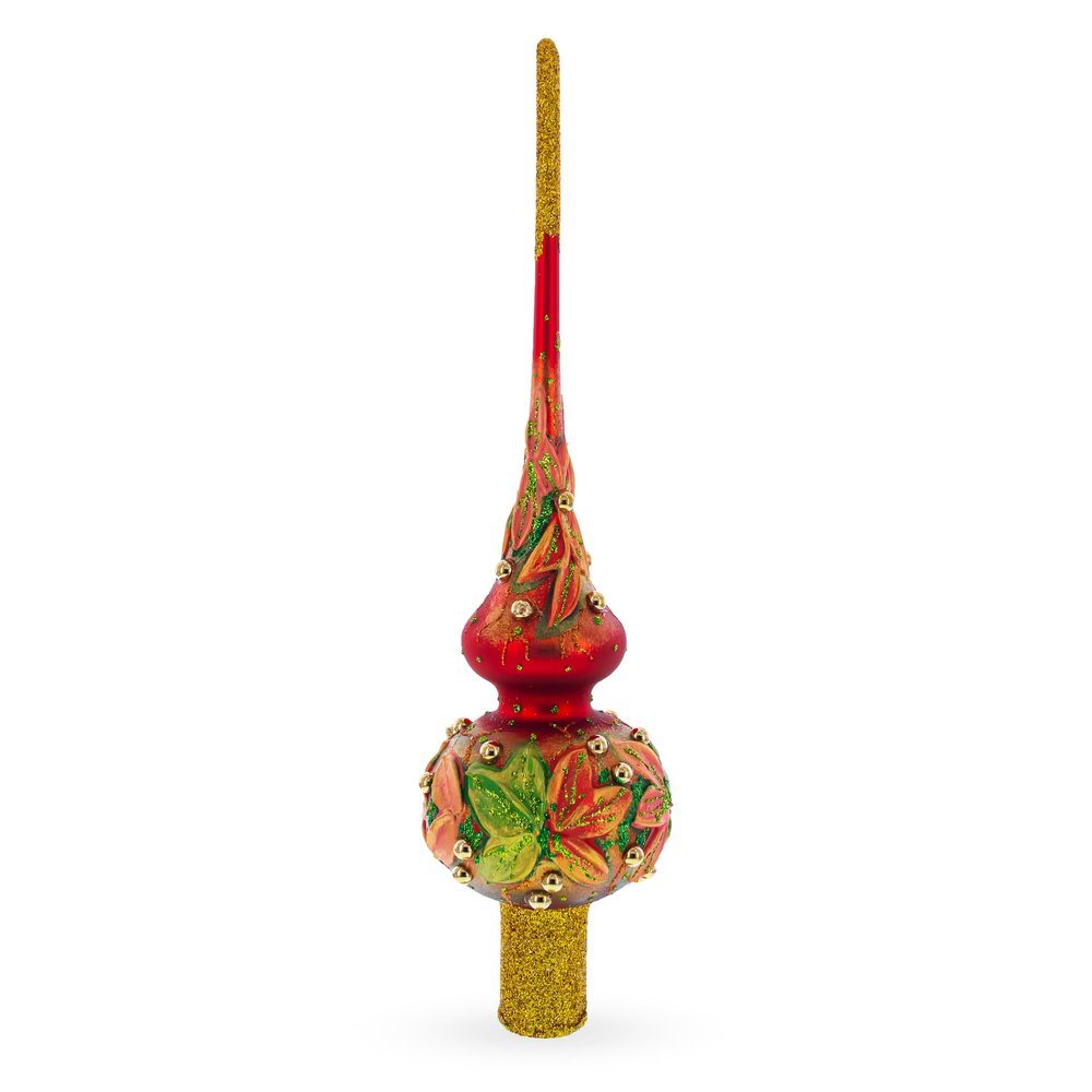 Red and Green Leaves on Red Glass Tree Topper
